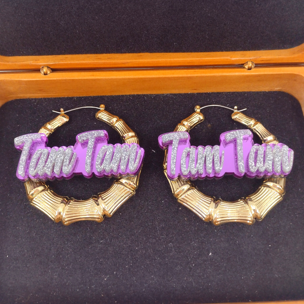 Custom Name and Background Gold Bamboo Hoop Earrings