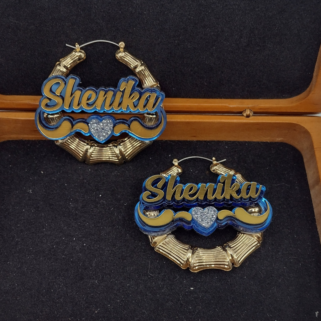 Custom Gold Heart and Swirl Name and Background Necklace and Earrings Jewelry Set