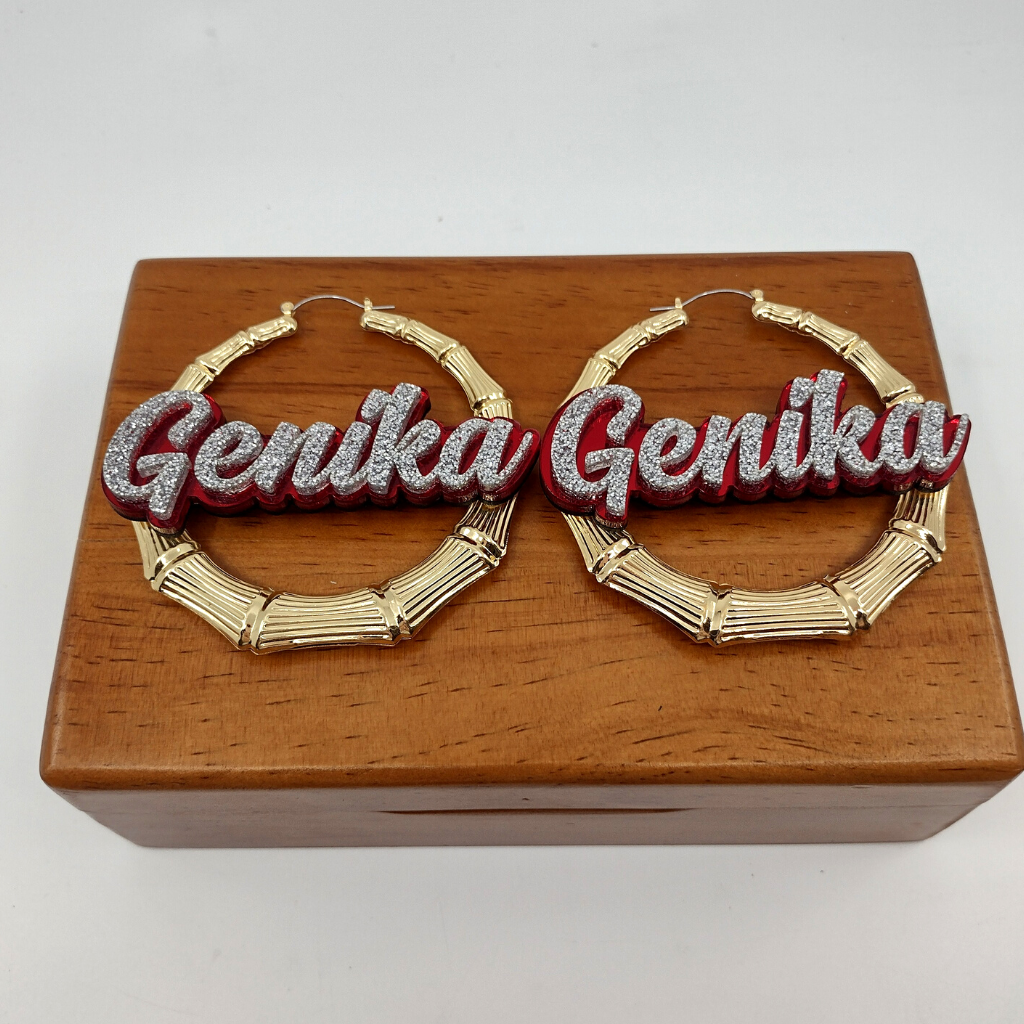 Custom Name and Background Gold Bamboo Hoop Earrings