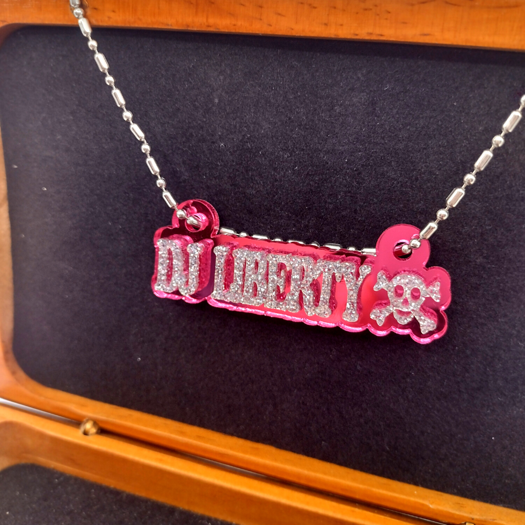 Custom Skull and Crossbones Name Necklace, Personalized Glitter Name Necklace