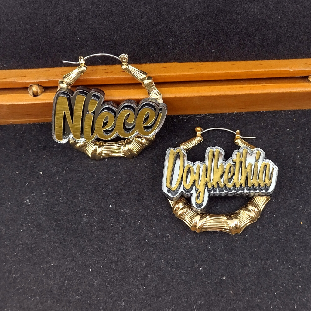Custom Name and Background Gold Bamboo Hoop Earrings