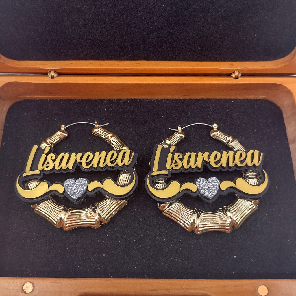 Heart and Swirl Custom Name and Background Gold Bamboo Hoop Earrings