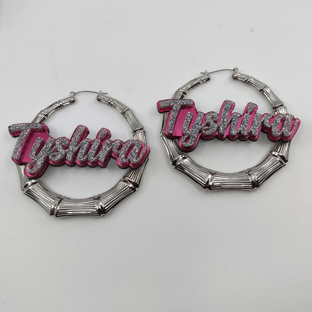 Custom Name and Background Silver Bamboo Hoop Earrings