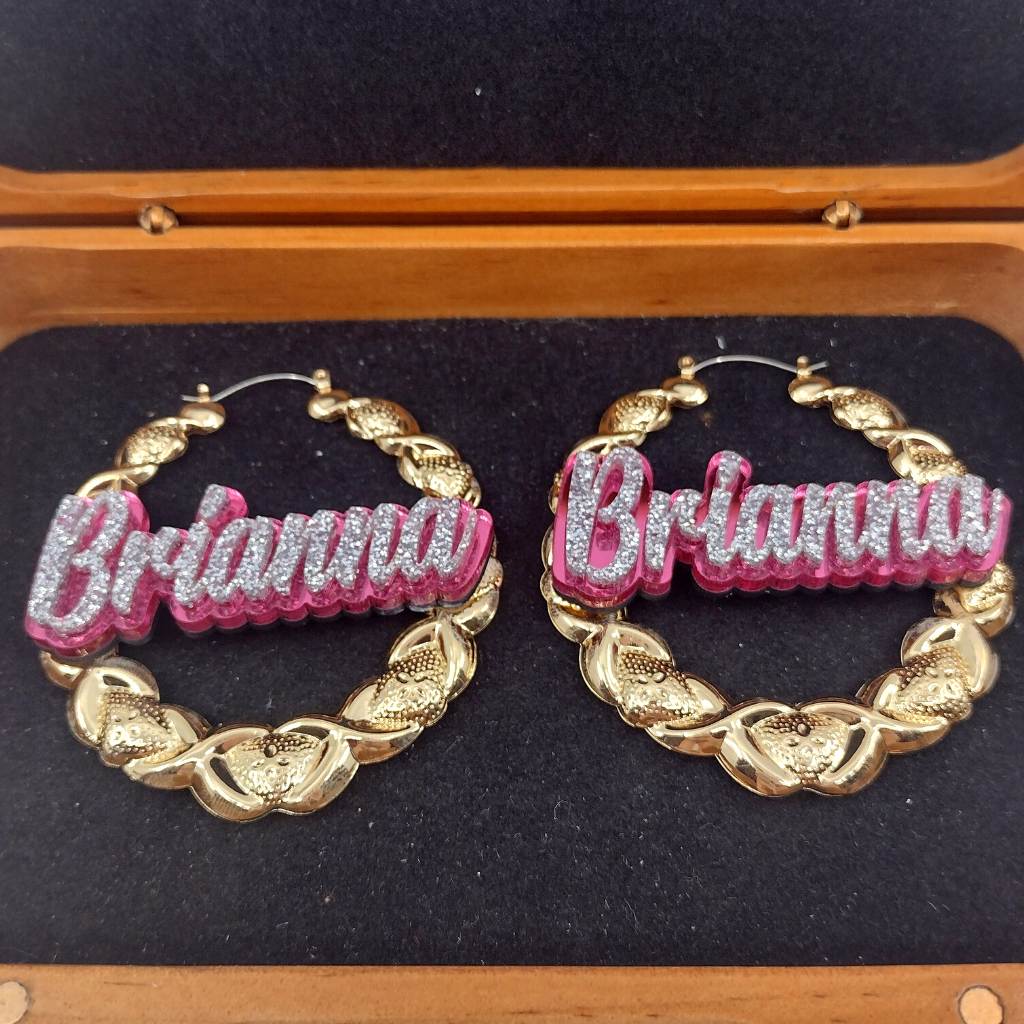 Custom Gold XOXO Hoop Earrings and a Name Necklace, Personalized Name and Background Color, Hand-made Jewelry Set