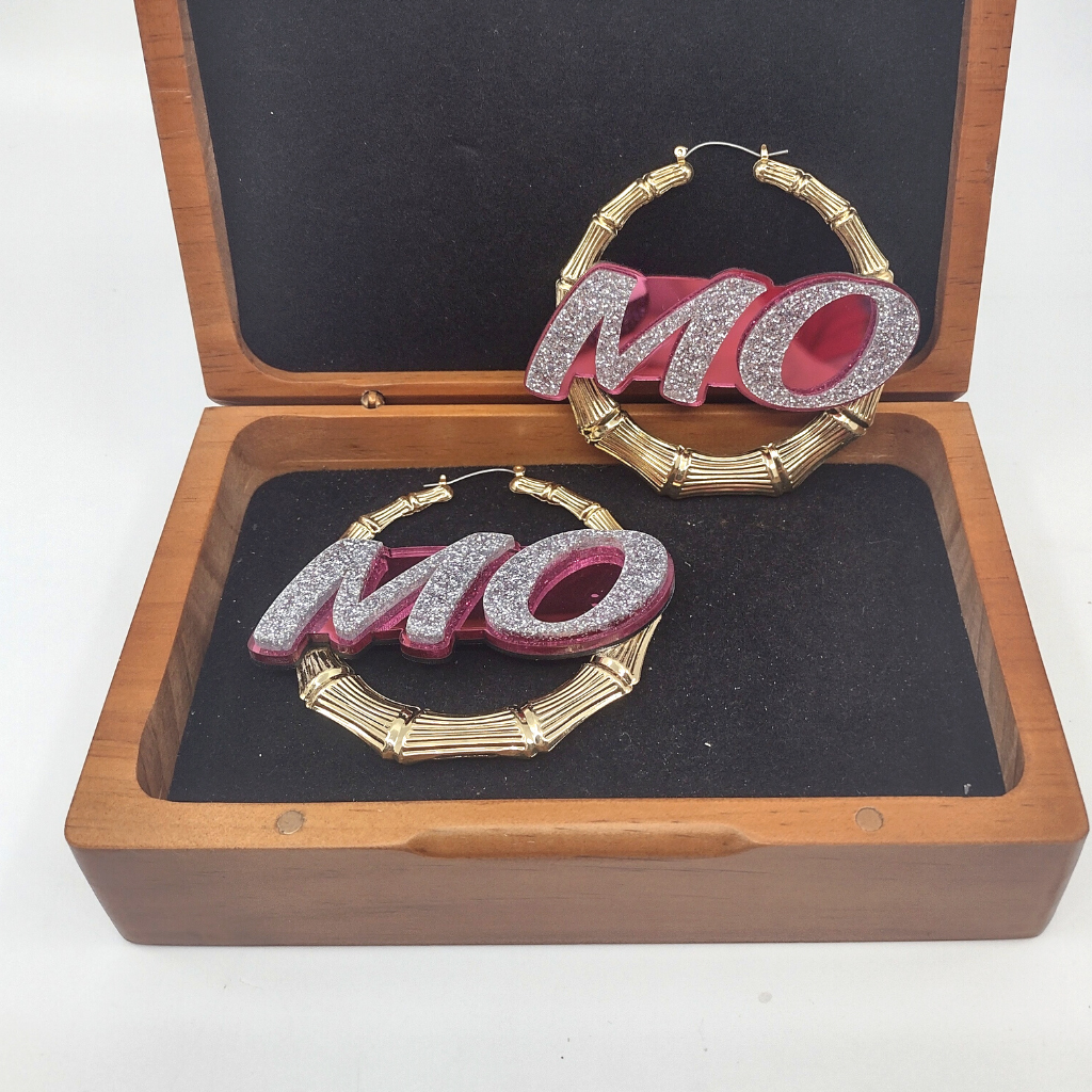 Custom Name and Background Gold Bamboo Hoop Earrings