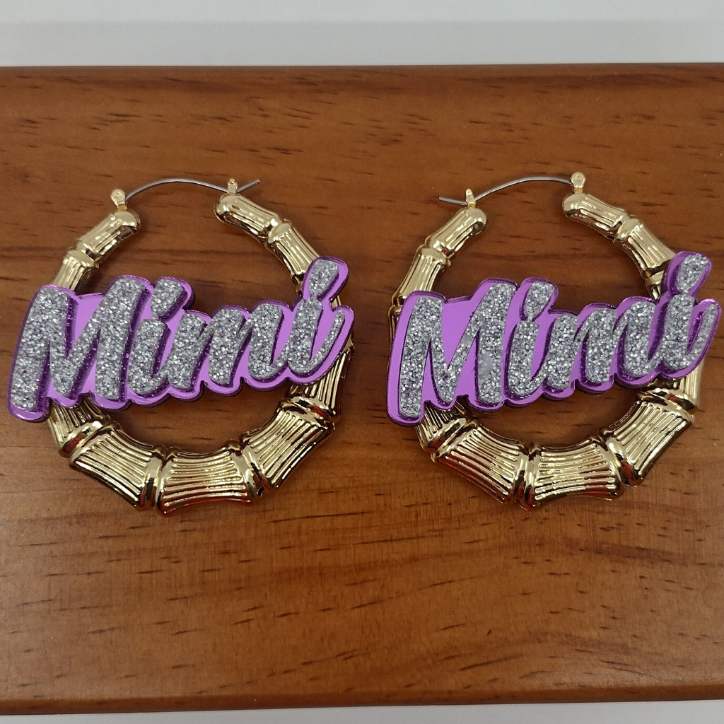 Custom Name and Background Gold Bamboo Hoop Earrings