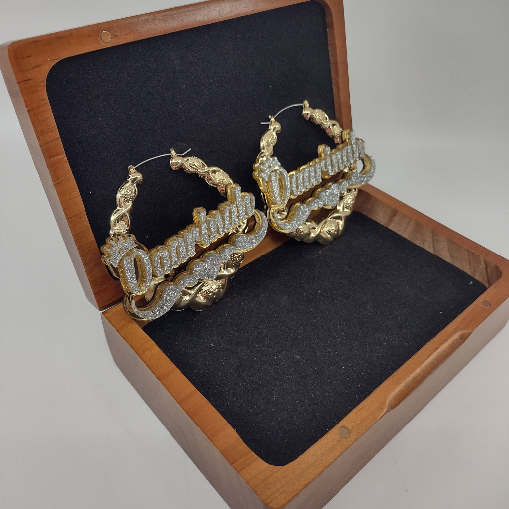 Heart and Swirl with Crown Custom XOXO Name and Background Gold Hoop Earrings