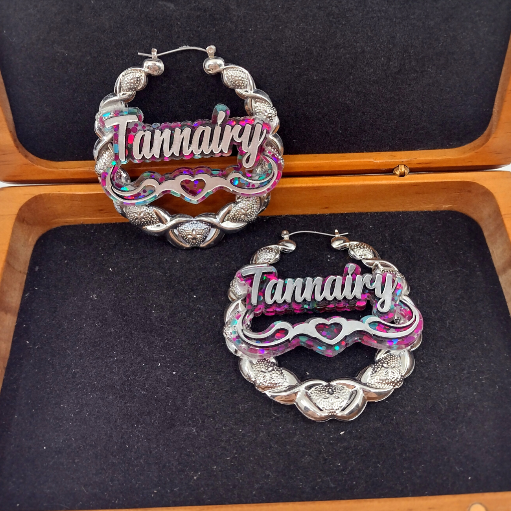 Custom Silver Confetti Multi-Color Heart and Swirl Name Hoop Earrings and a Name Necklace, Personalized Name, Hand-made Jewelry Set