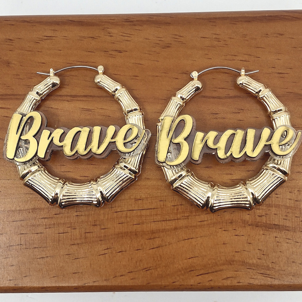 Custom Name and Clear Background Gold Bamboo Hoop Earrings