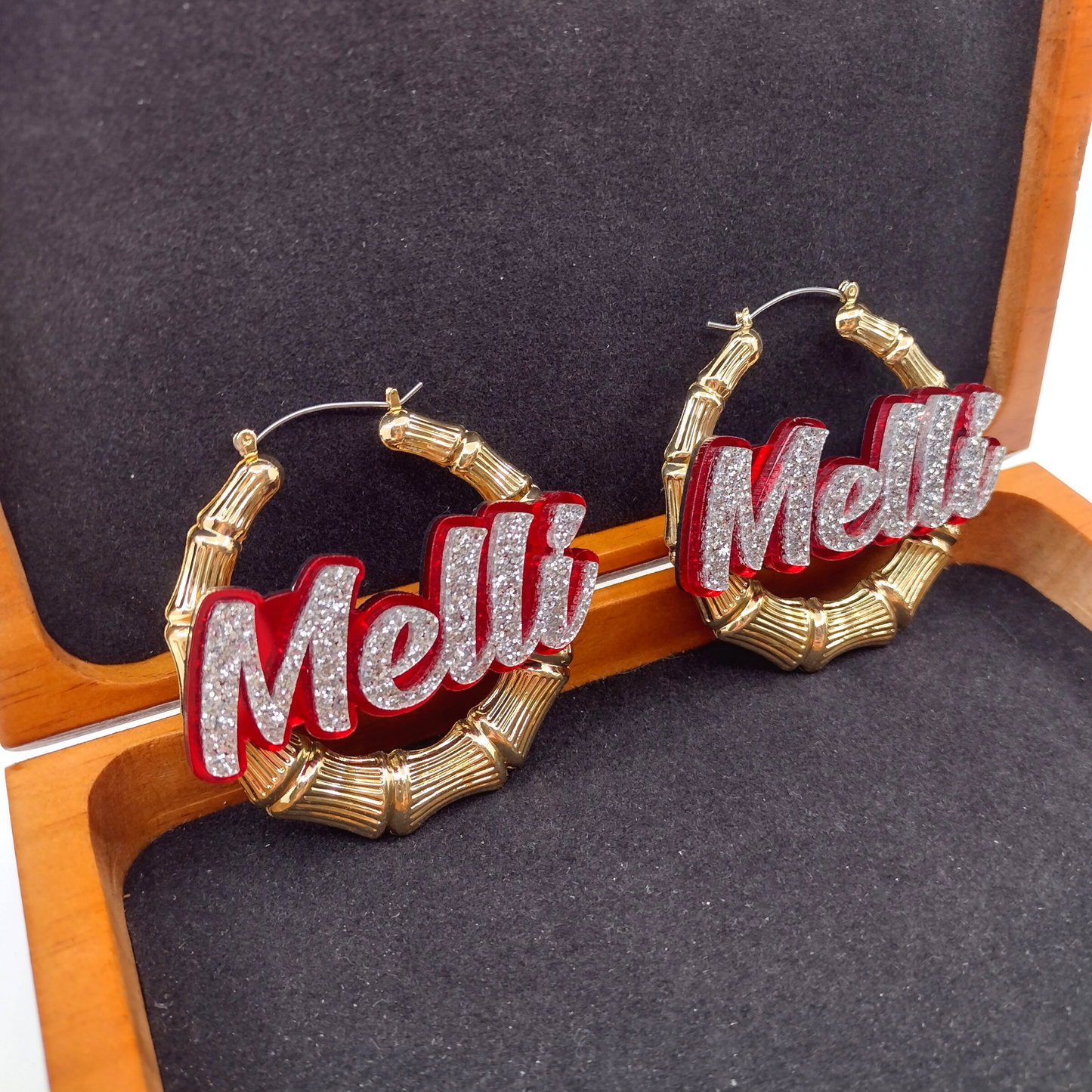 Custom Name and Background Gold Bamboo Hoop Earrings