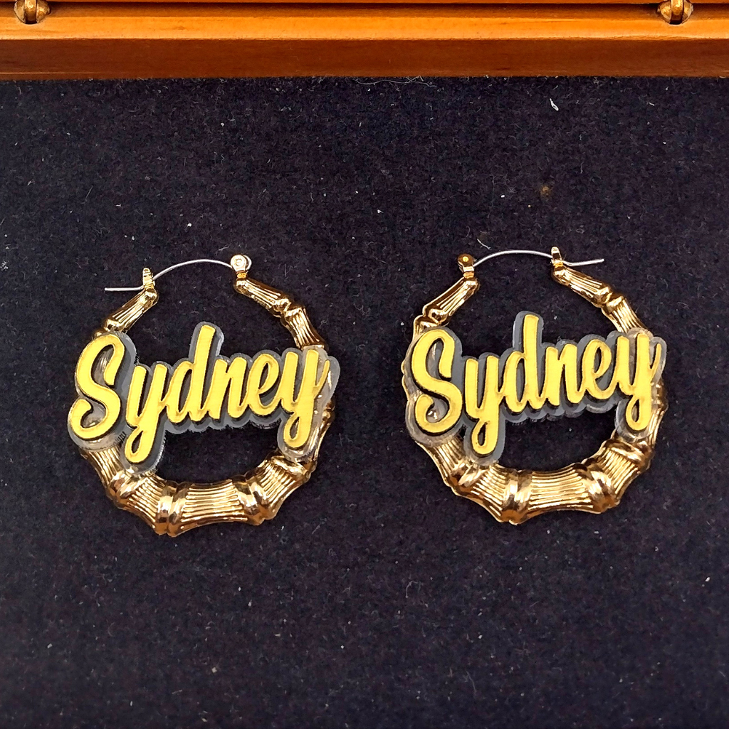 Custom Name and Clear Background Gold Bamboo Hoop Earrings
