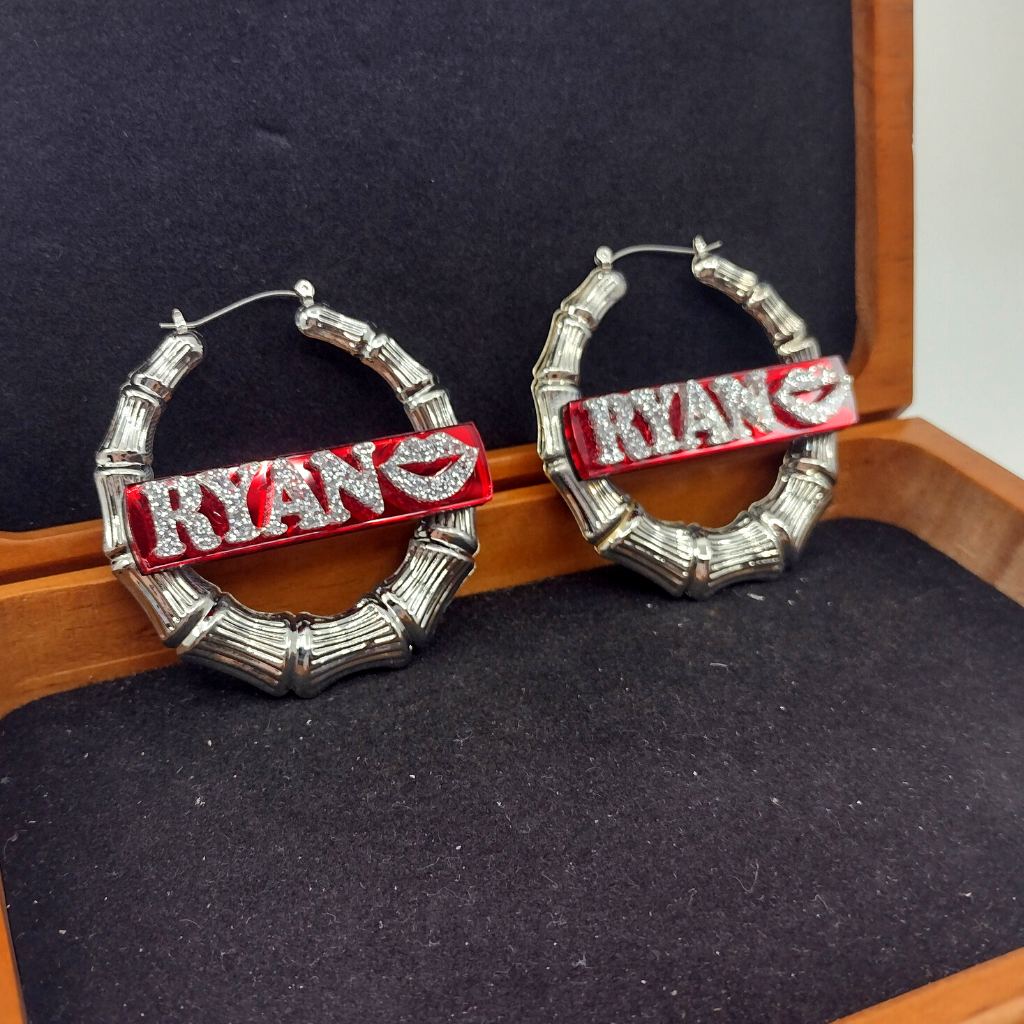 Custom Name with Lips and Background Silver Bamboo Hoop Earrings
