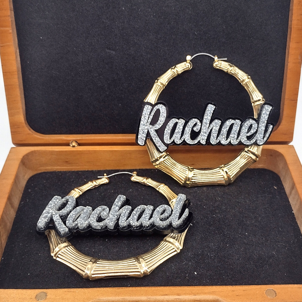Custom Name and Background Gold Bamboo Hoop Earrings