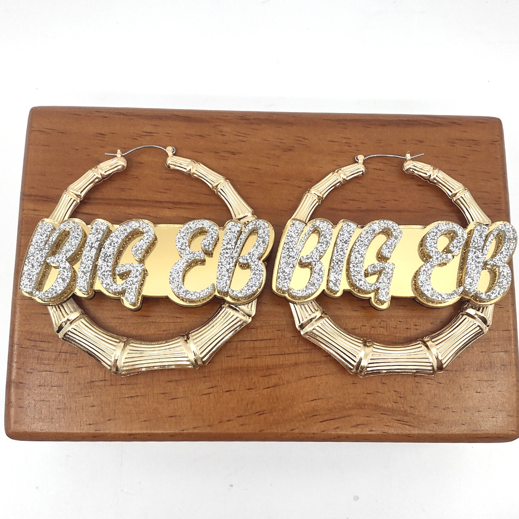 Custom Name and Background Gold Bamboo Hoop Earrings