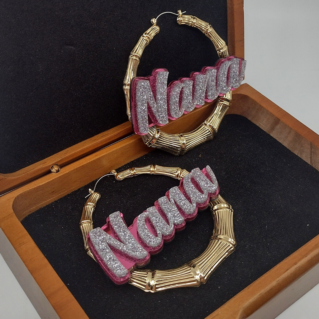 Custom Name and Background Gold Bamboo Hoop Earrings