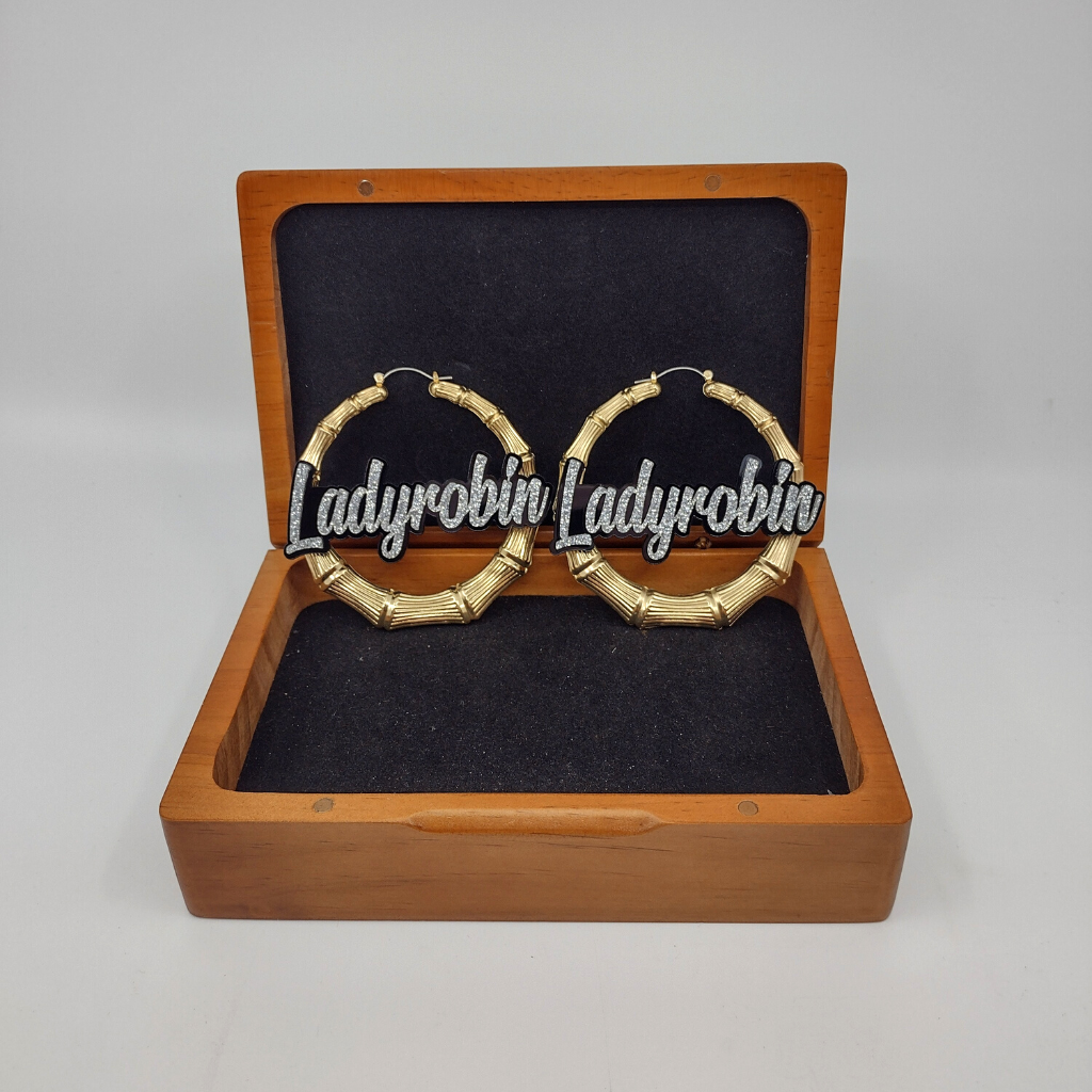 Custom Name and Background Gold Bamboo Hoop Earrings