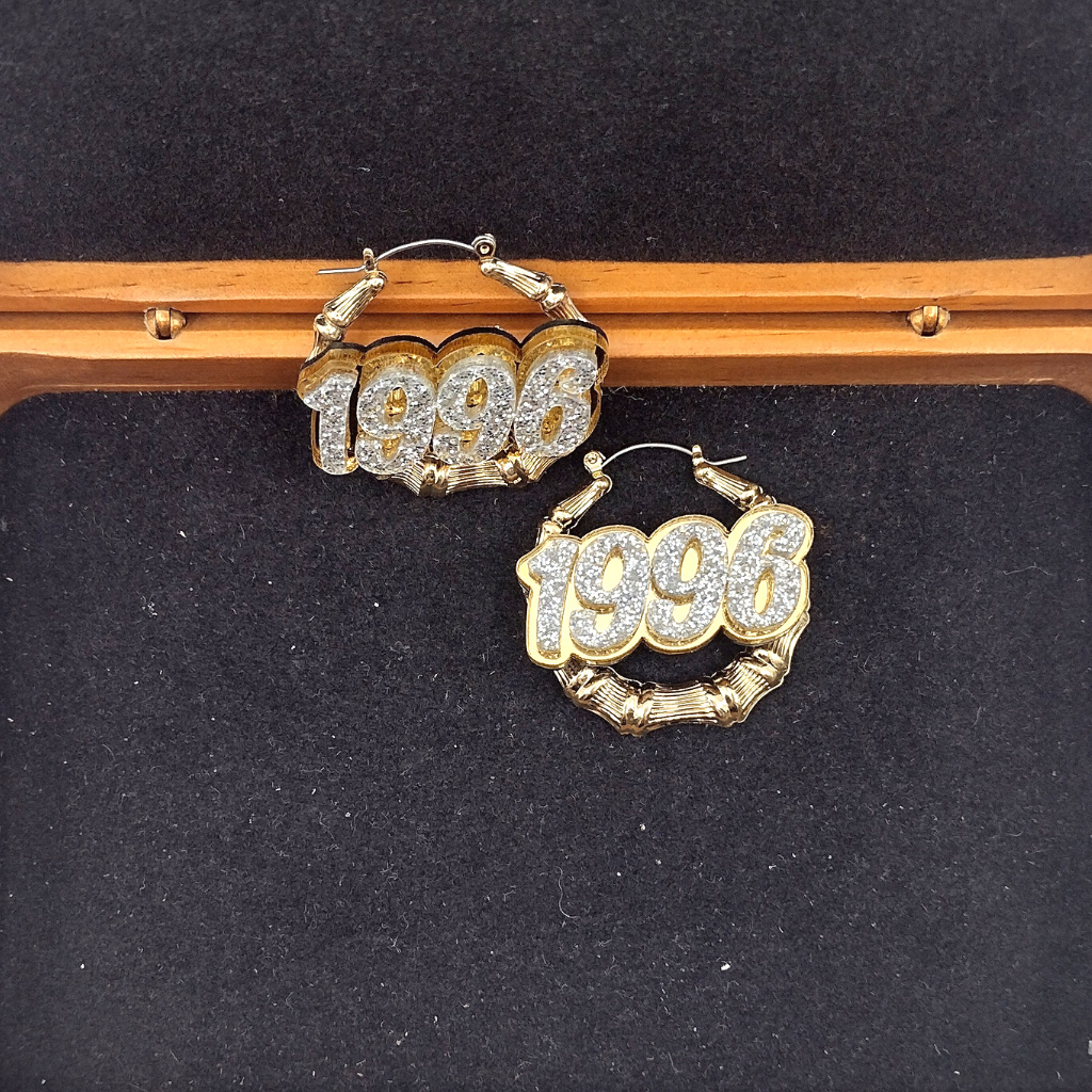 Custom Name and Background Gold Bamboo Hoop Earrings