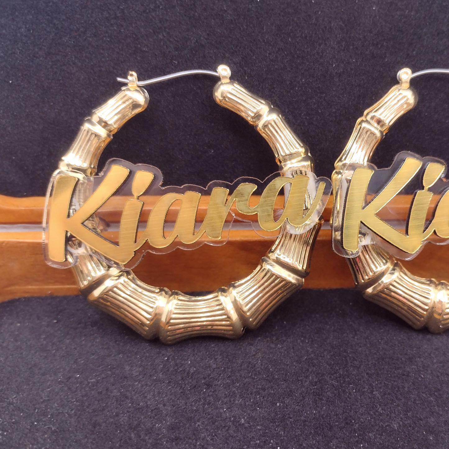 Custom Name and Clear Background Gold Bamboo Hoop Earrings