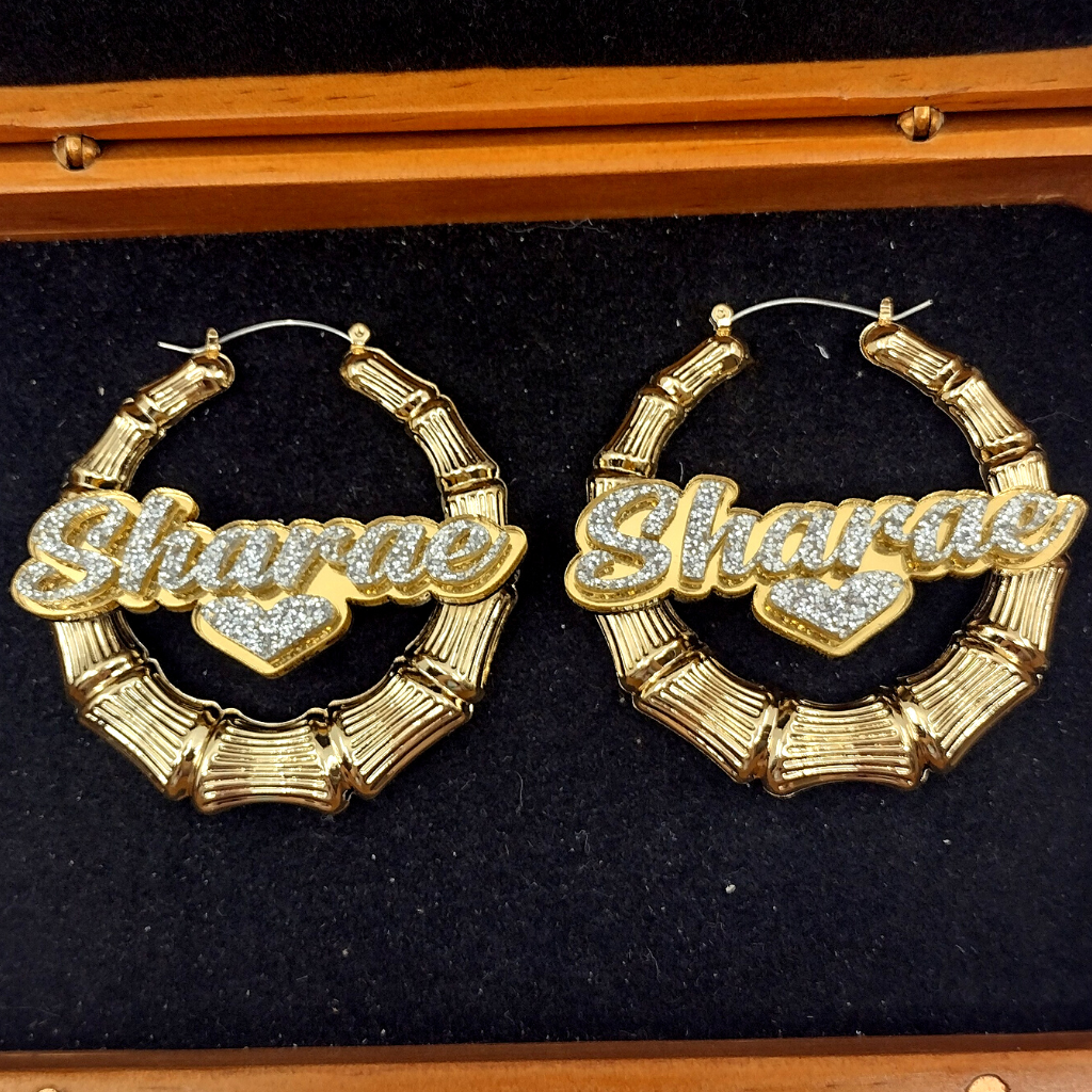 Custom Name with Heart and Background Gold Bamboo Hoop Earrings