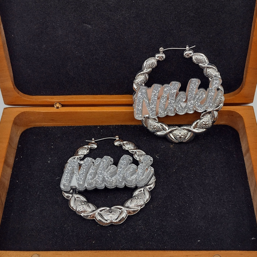 Custom XOXO Name and Background Silver Hoop Earrings