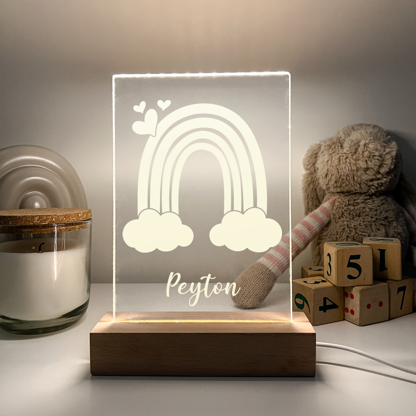 Personalized LED Light Up Desk Lamp Wood Base Stand Girls rainbow Gift For Her