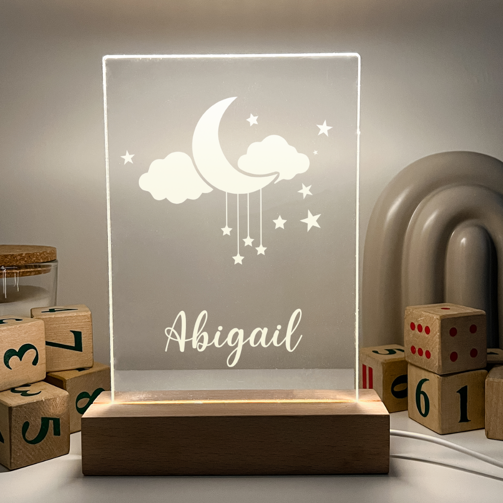 Personalized Moon and Stars LED light up WOOD stand With Remote Room Décor Gift