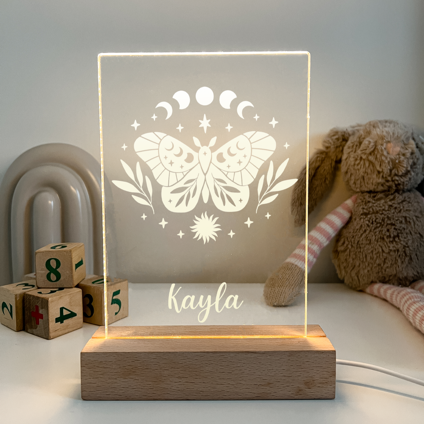 Personalized LED Light Up Desk Lamp Wood Base Stand Girls rainbow Gift For Her