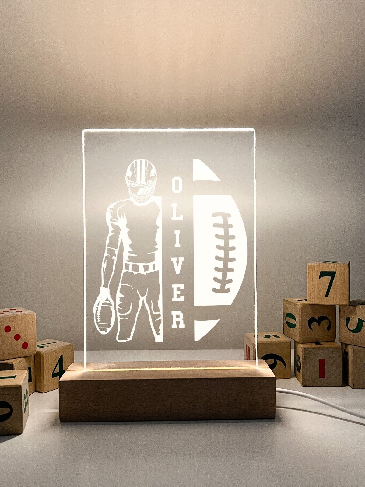 Personalized LED Light Up Desk Lamp Wood Stand USA Football Athlete Warner Gift