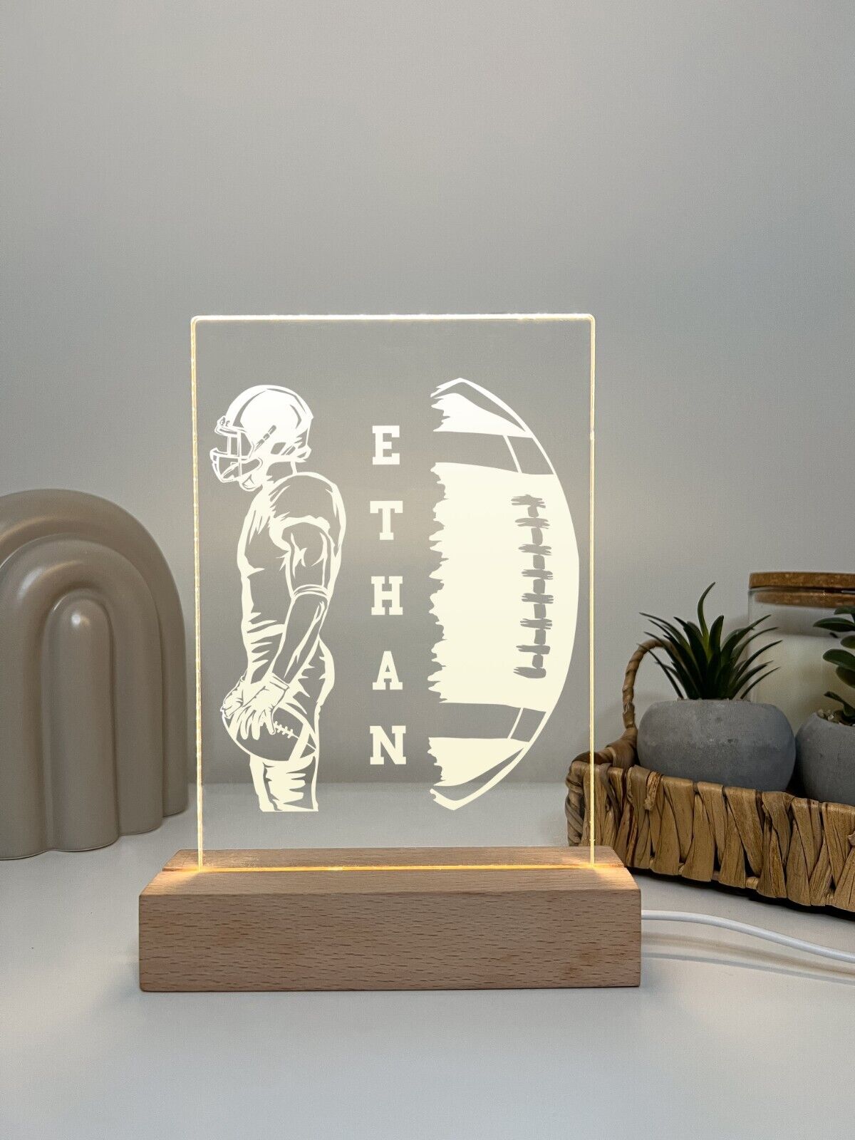Personalized LED Light Up Desk Lamp Wood Stand USA Football Athlete Warner Gift