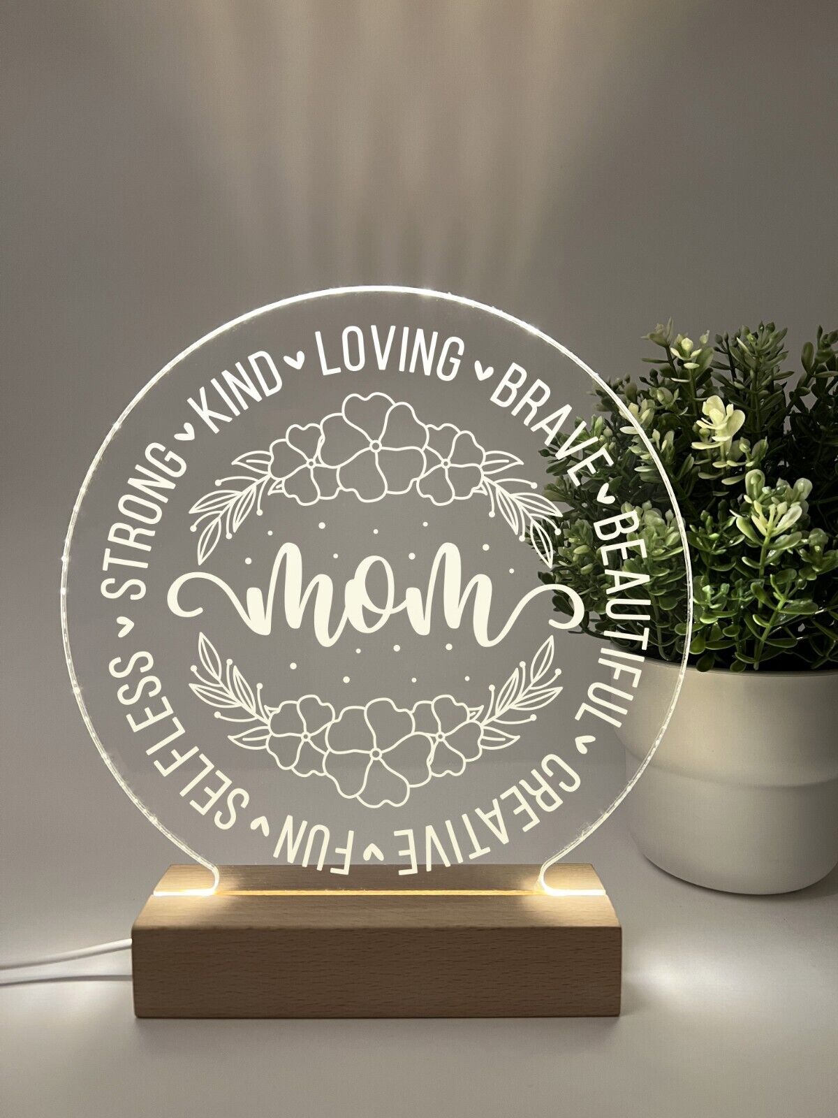 Personalized LED Wood Base Night Light Up Lamp Stand Mom Mother Stepmom Birthday