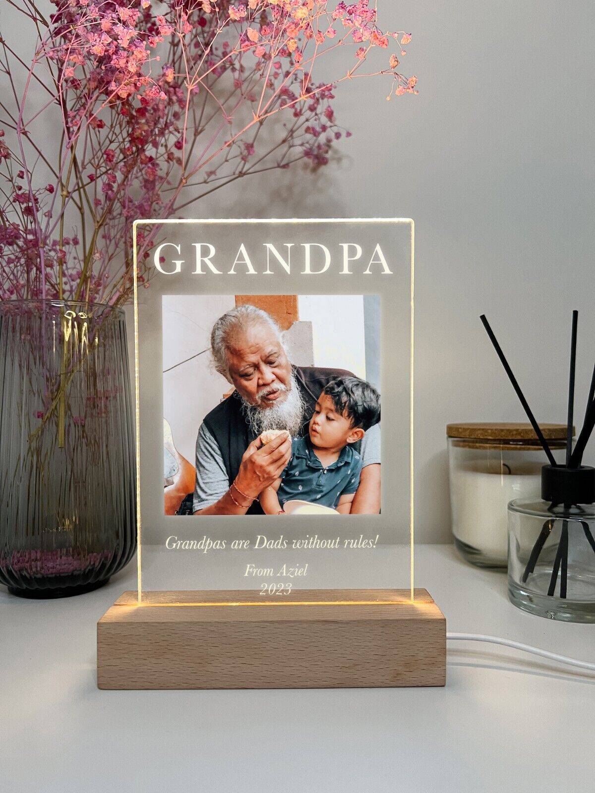 Personalized LED Light Up Wood Stand Gramps Grandpa Grandad Photo Gift