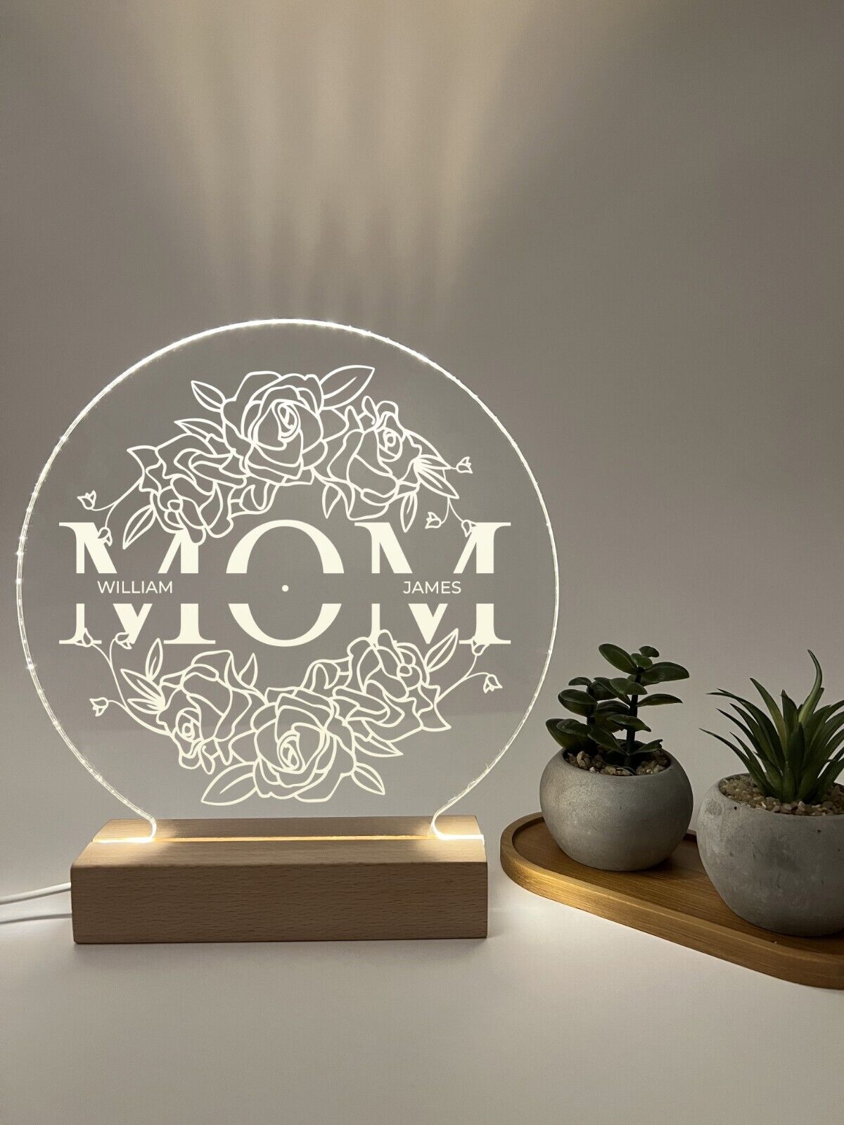 Personalized LED Wood Base Night Light Up Lamp Stand Mom Mother Stepmom Birthday