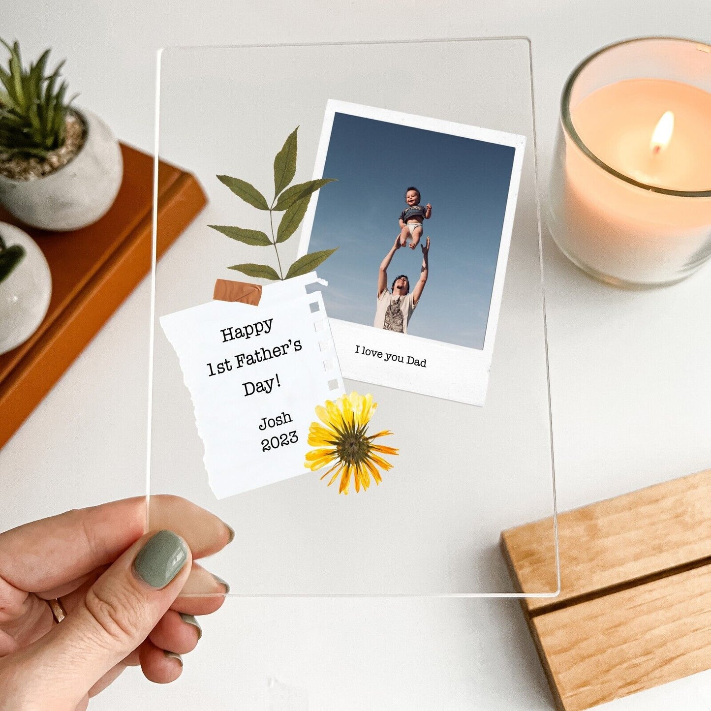 Personalized Wood Base Desk Table Stand Father's Day Photo Kids and Dad Gift