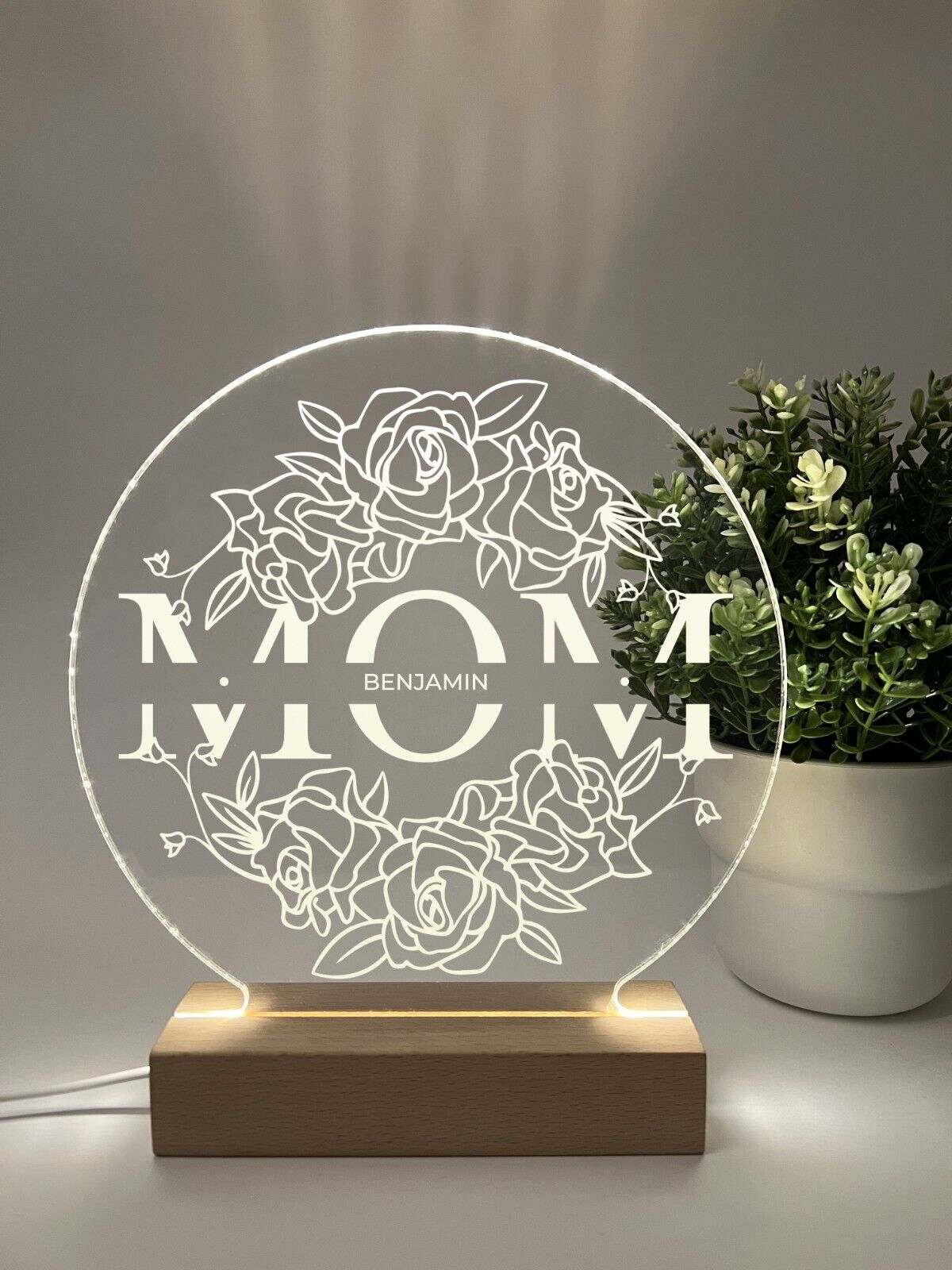 Personalized LED Wood Base Night Light Up Lamp Stand Mom Mother Stepmom Birthday