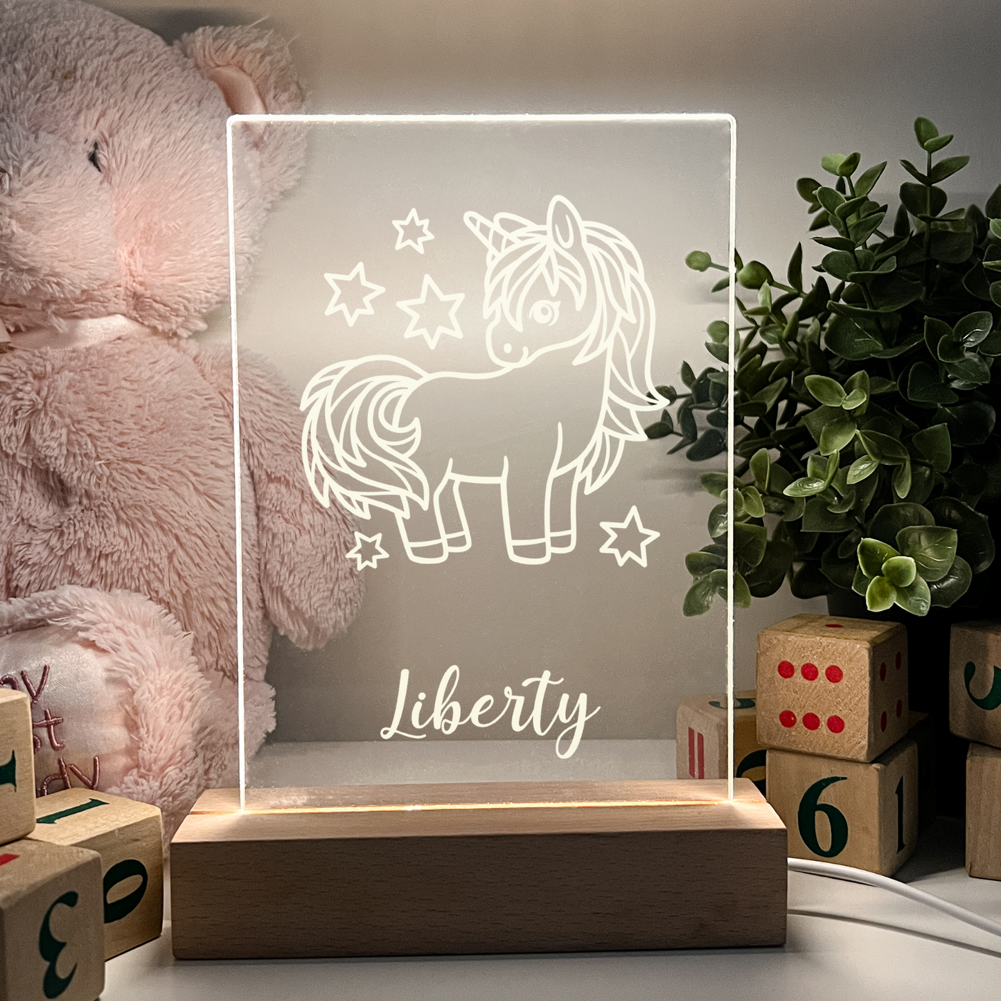 Personalized LED Light Up Desk Lamp Wood Base Stand Girls rainbow Gift For Her