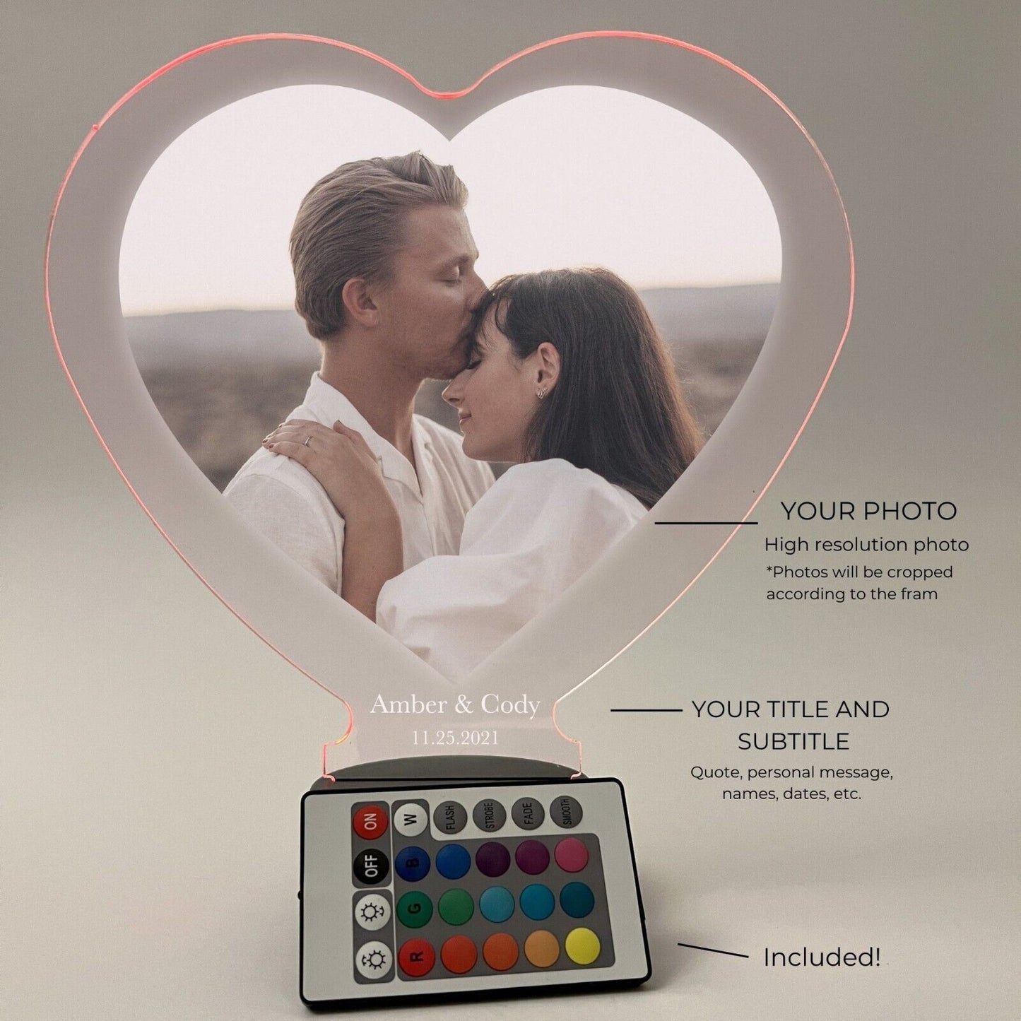 Custom Couple Anniversary Wedding Heart Light Up Lamp LED 16 color light stand