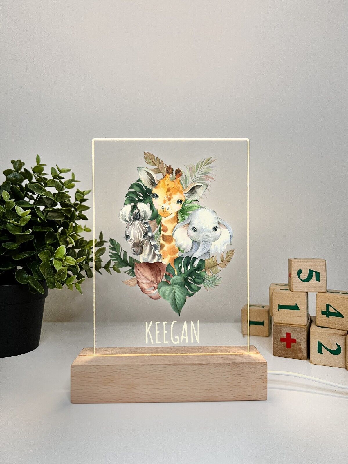 Personalized LED Light Up Wood Stand Safari Animals Cute Night Light Child Gift