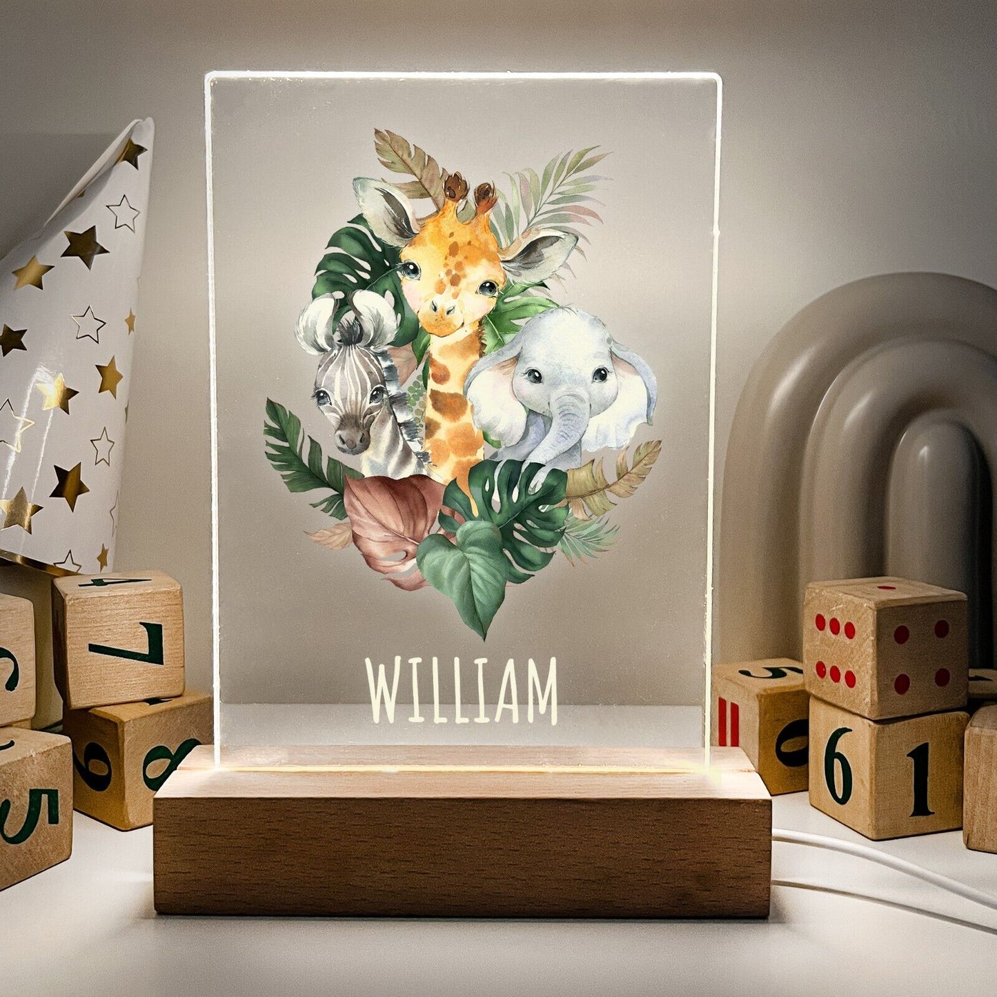 Personalized LED Light Up Wood Stand Safari Animals Cute Night Light Child Gift