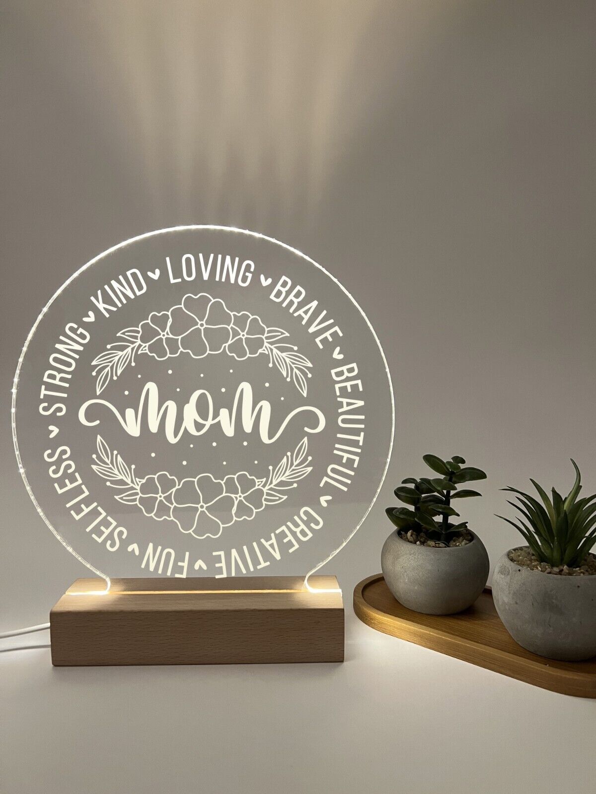 Personalized LED Wood Base Night Light Up Lamp Stand Mom Mother Stepmom Birthday