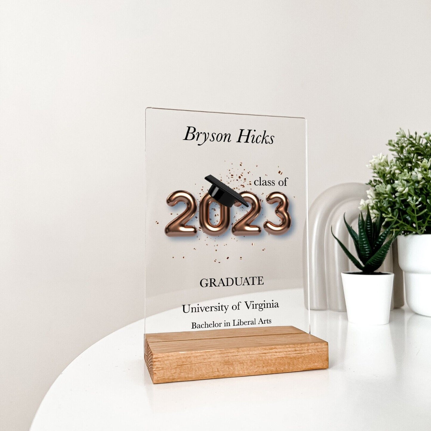 Personalized Wood Base Desk Table Stand Graduation University 2023 2024 Gift