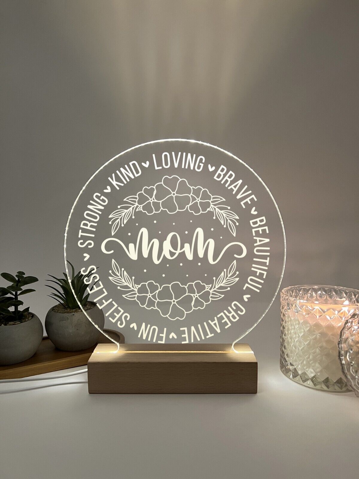 Personalized LED Wood Base Night Light Up Lamp Stand Mom Mother Stepmom Birthday