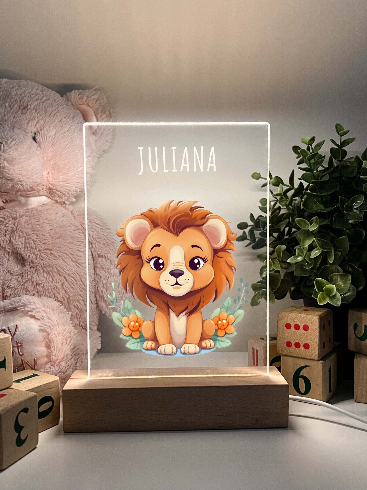 Personalized LED Light Up Wood Stand Baby Newborn Animal Nursery Gift
