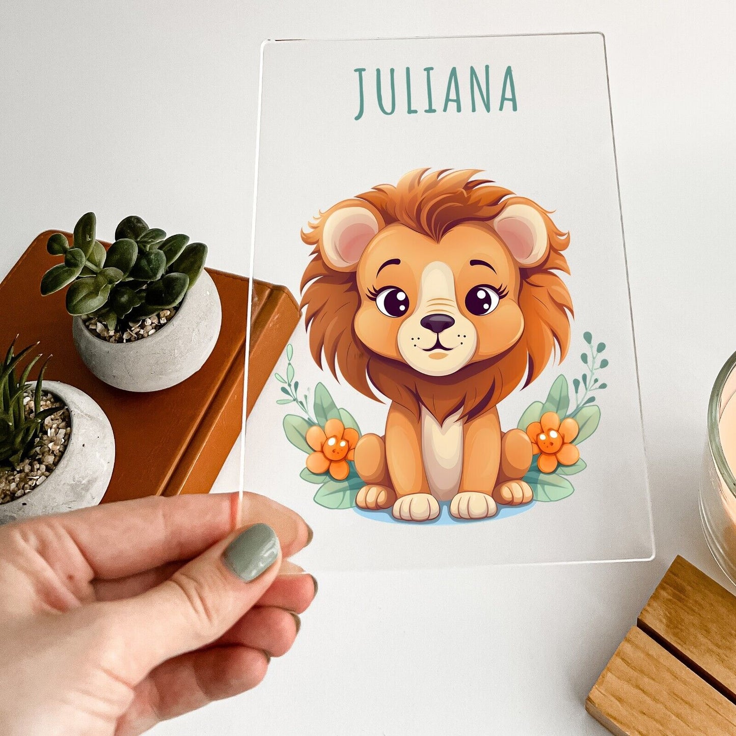 Personalized Acrylic Wood Stand Baby Newborn Animal Nursery Gift