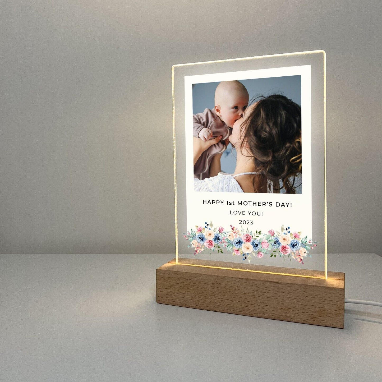 Personalized LED Wood Base Night Light Up Lamp Stand Mom Mother Stepmom Birthday