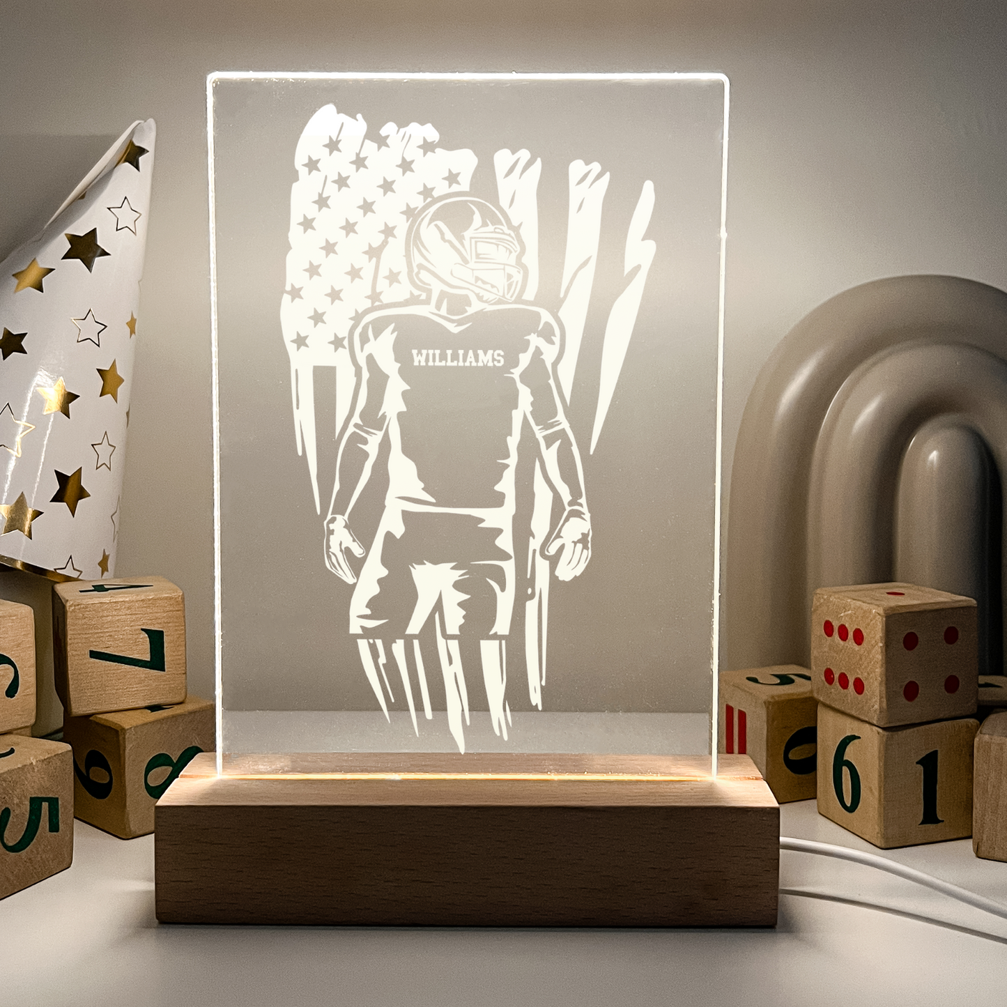 Personalized LED Light Up Desk Lamp Wood Stand USA Football Athlete Warner Gift