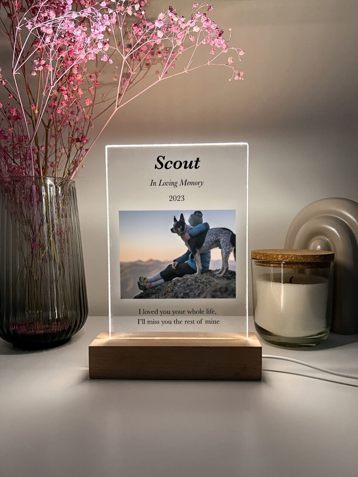 Personalized LED Light Up Wood Stand Pet Dog Cat Remembrance Memorial Gift