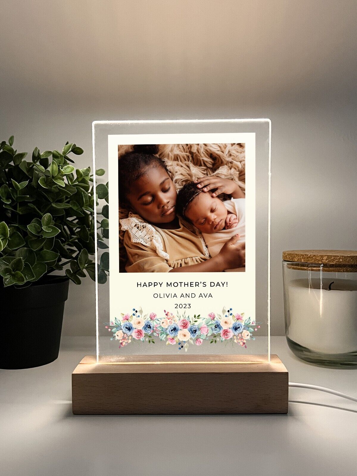 Personalized LED Wood Base Night Light Up Lamp Stand Mom Mother Stepmom Birthday