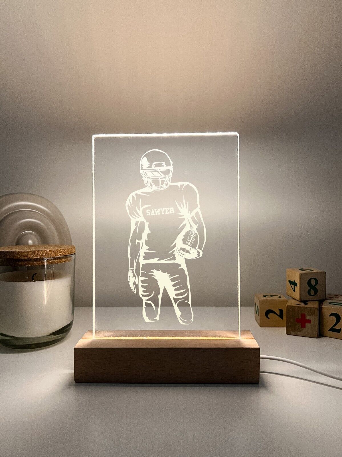 Personalized LED Light Up Desk Lamp Wood Stand USA Football Athlete Warner Gift