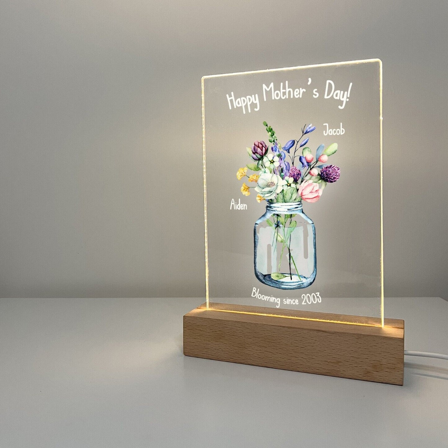 Personalized LED Light Up Flower Jar Stand Mom Mother Day Children Home Gift