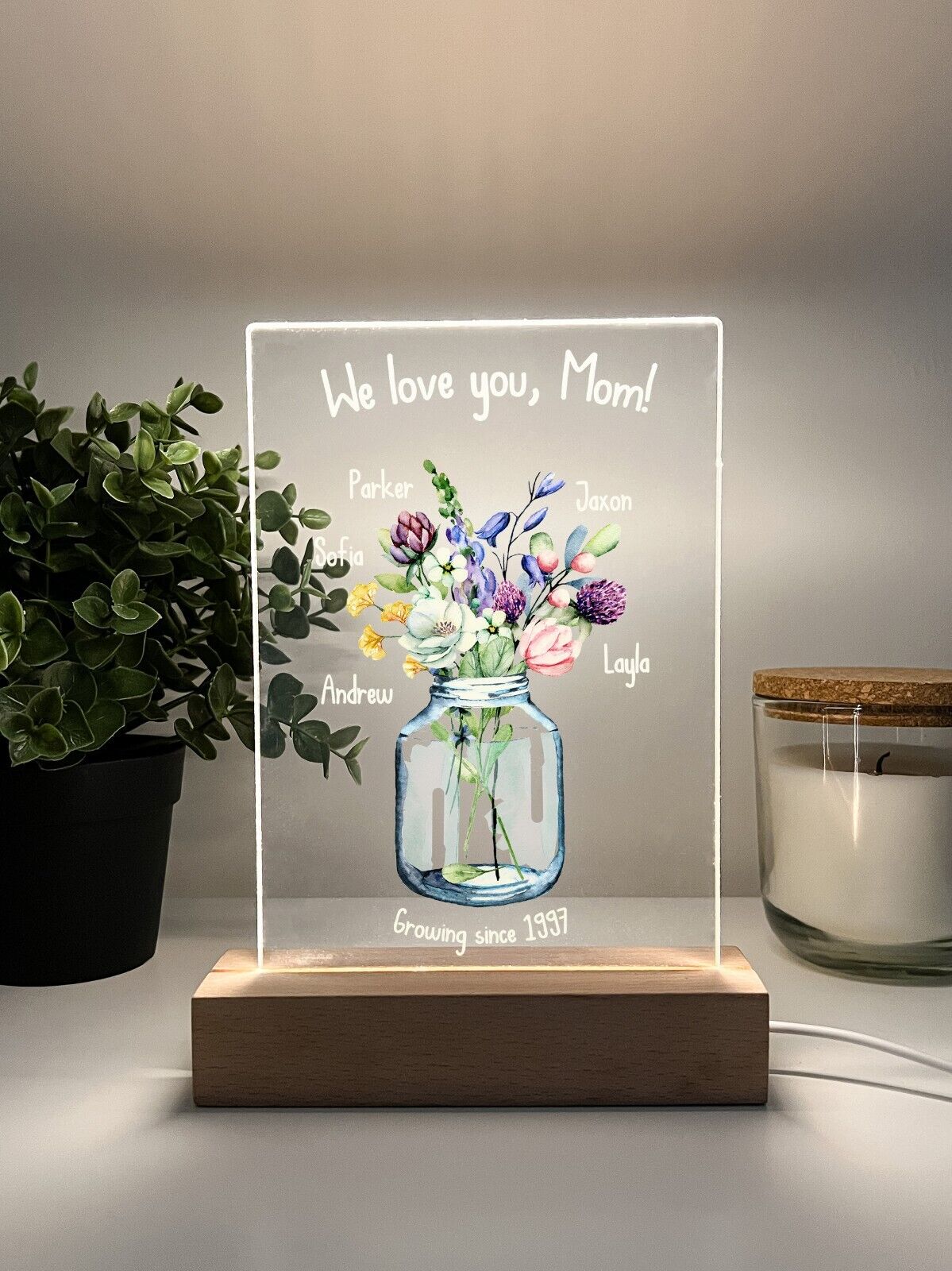 Personalized LED Light Up Flower Jar Stand Mom Mother Day Children Home Gift